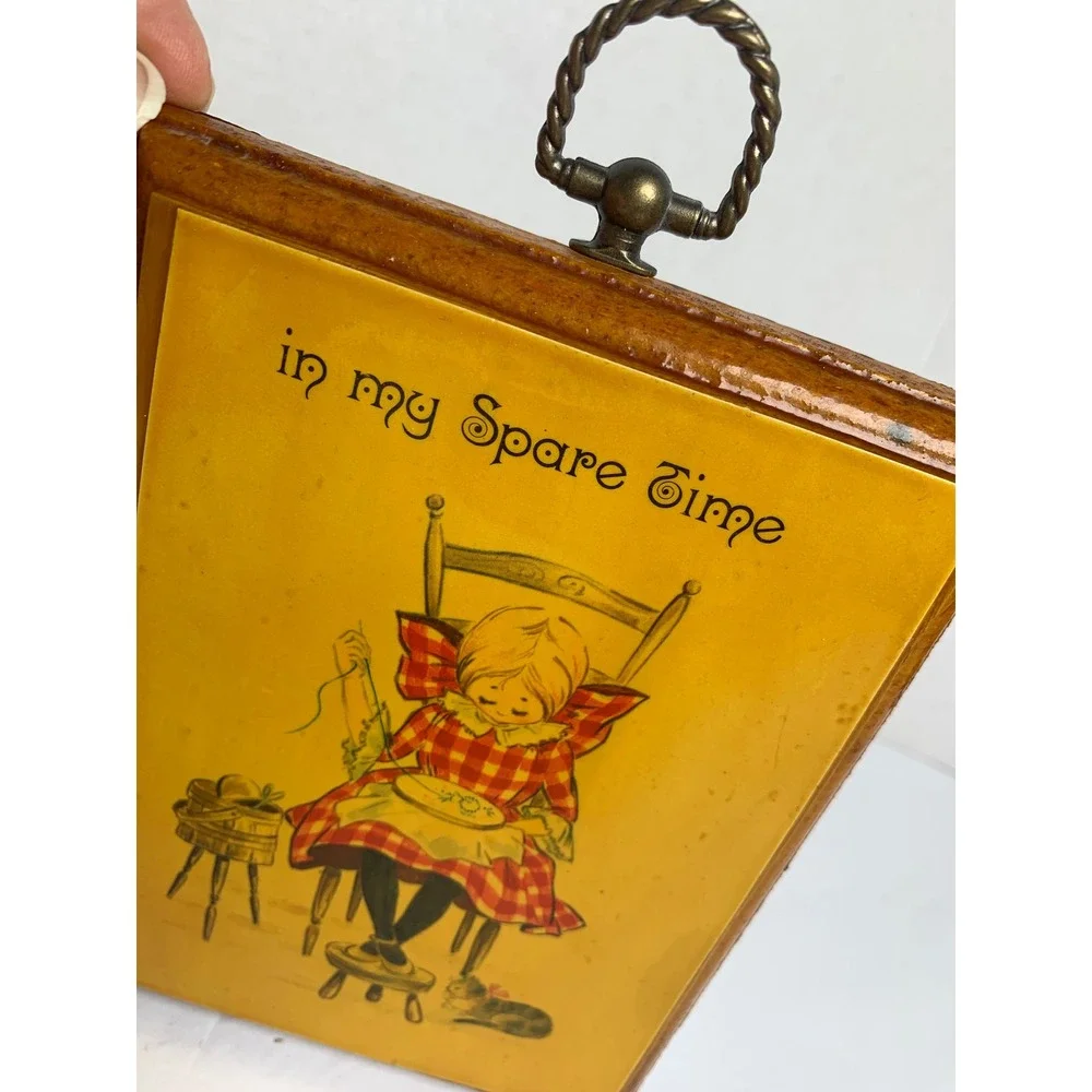 Vintage In My Spare Time‎ Girl Embroidery Wood Wall Plaque Kitsch Cottagecore